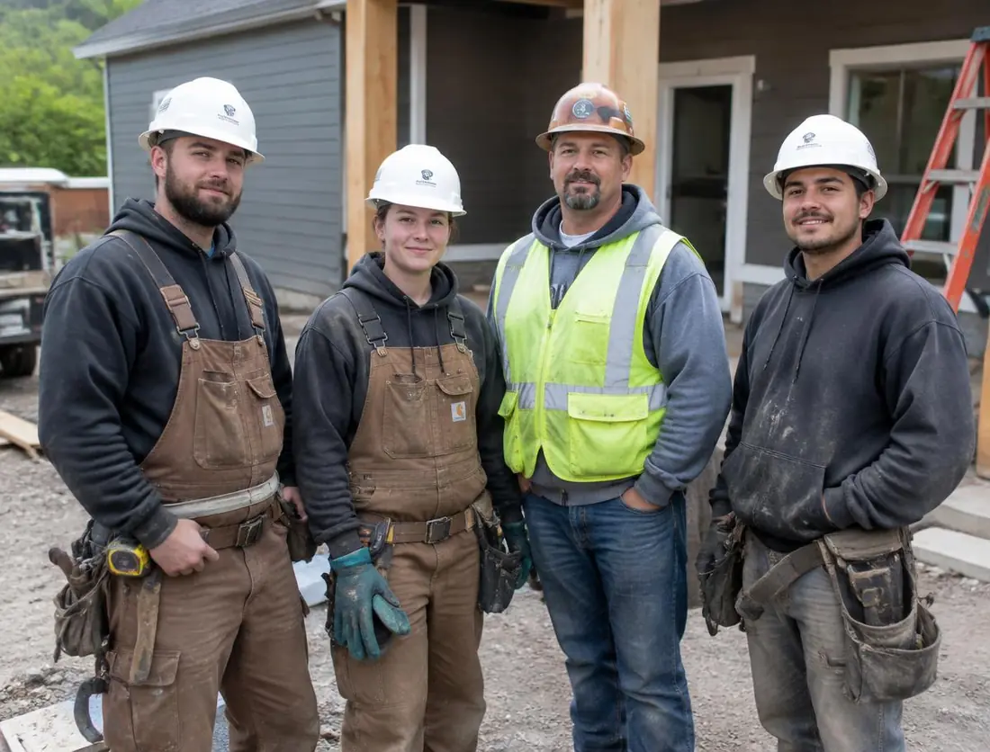 A small construction crew at a residential job site