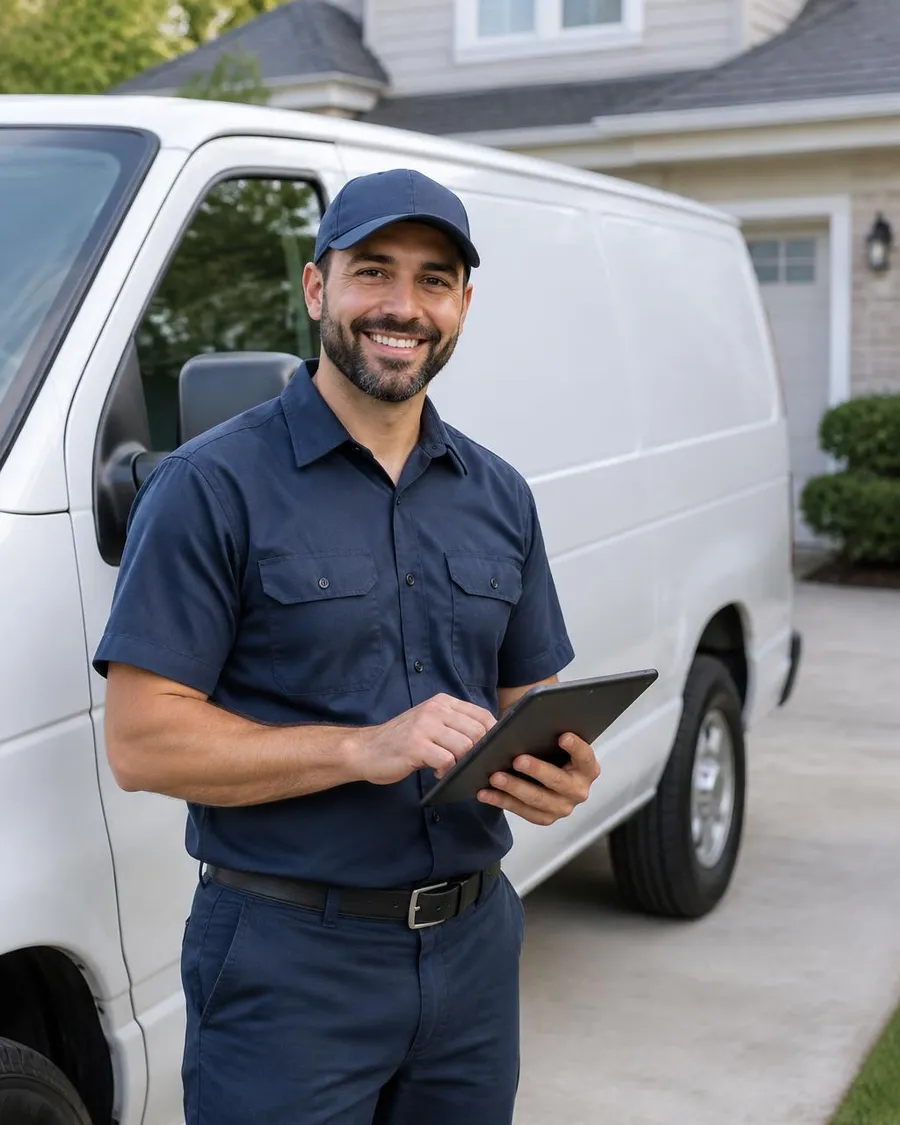 Smiling home service technician holding a tablet beside a white van