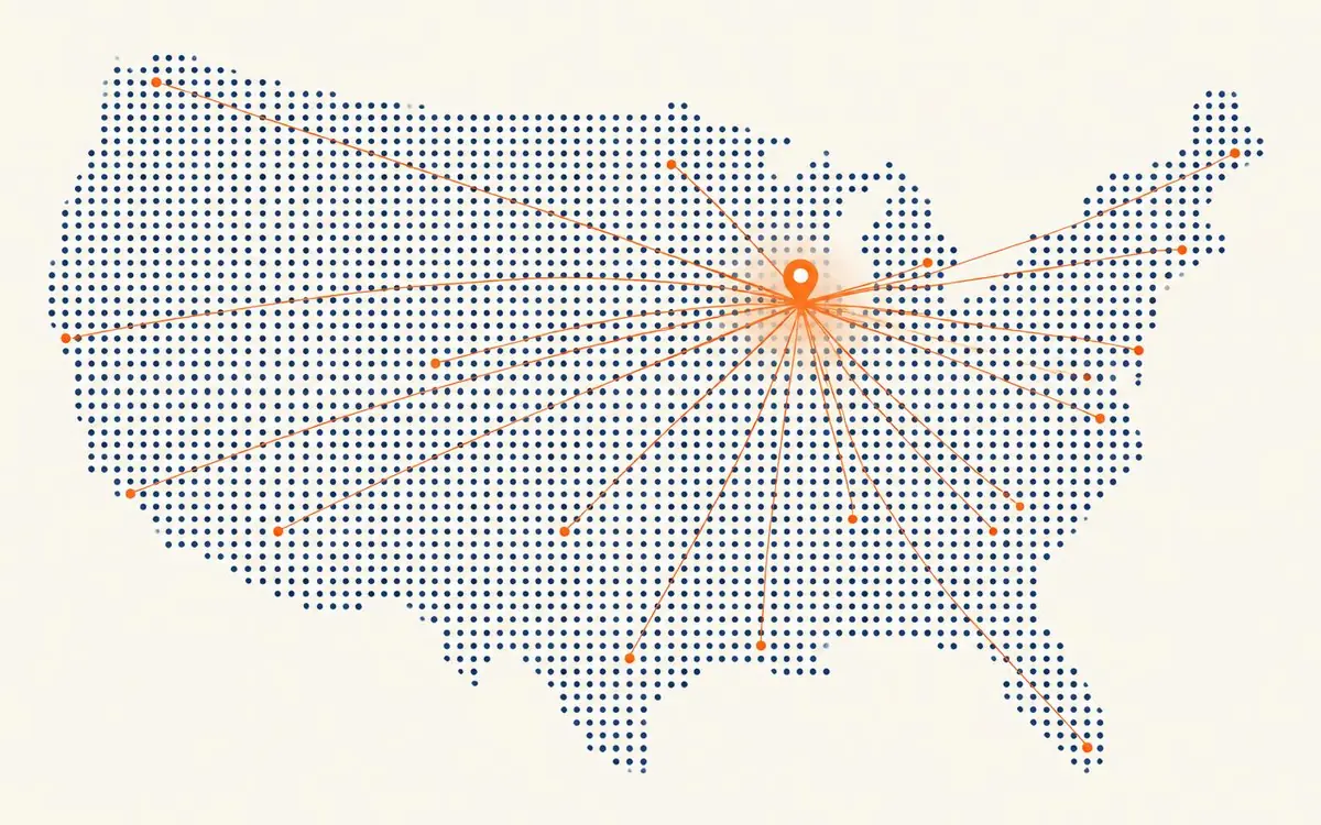 Map of the United States with Chicago highlighted and lines reaching clients across the country